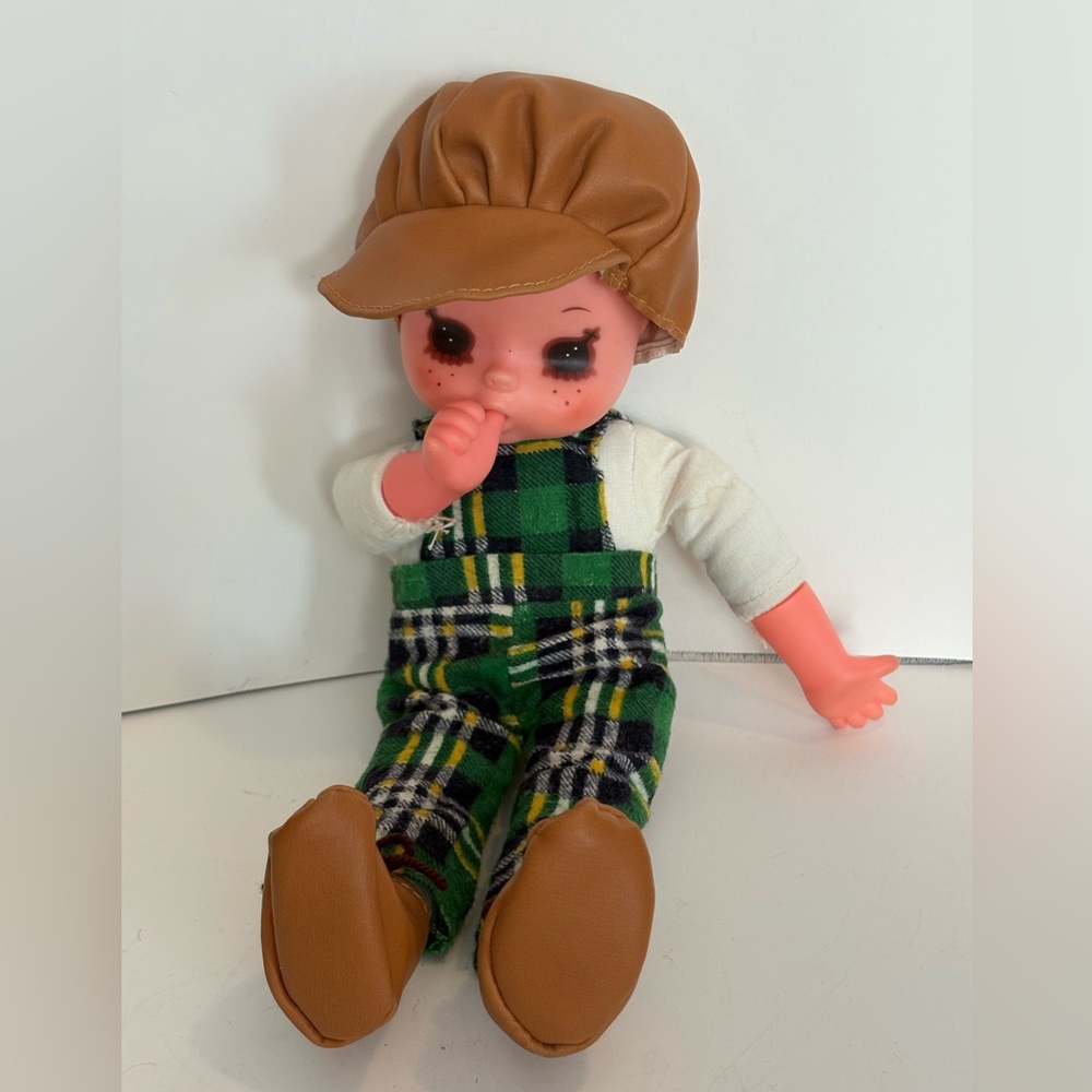 VTG Boy Doll Thumb Sucking Plaid Overalls Vinyl Tan Cap & Boots Hong Kong 12”